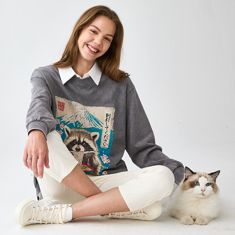 Tokyo-Tiger Please Give Raccoon A Discount Washed Long Sleeve T-Shirt