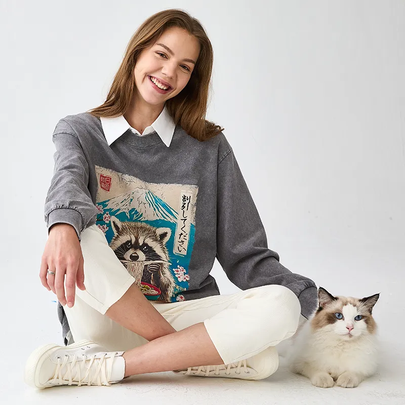 Tokyo-Tiger Please Give Raccoon A Discount Washed Long Sleeve T-Shirt