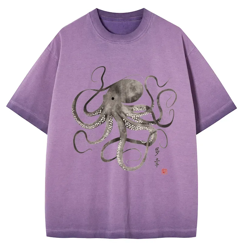 Tokyo-Tiger Octopus Japanese Calligraphy Gradient Washed T-Shirt