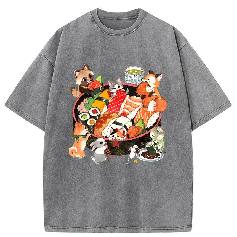 Tokyo-Tiger Sushi Animal Party Washed T-Shirt