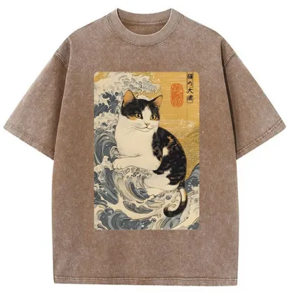 Tokyo-Tiger Surfing Cat Washed T-Shirt