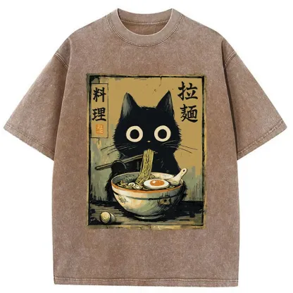 Tokyo-Tiger Cute Black Cat Eating Ramen Washed T-Shirt