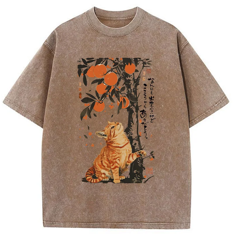 Tokyo-Tiger Orange Cat Wants To Eat Oranges Washed T-Shirt