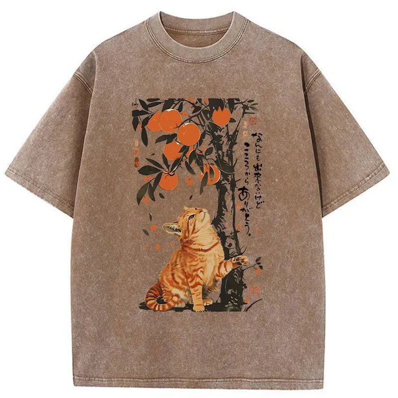 Tokyo-Tiger Orange Cat Wants To Eat Oranges Washed T-Shirt