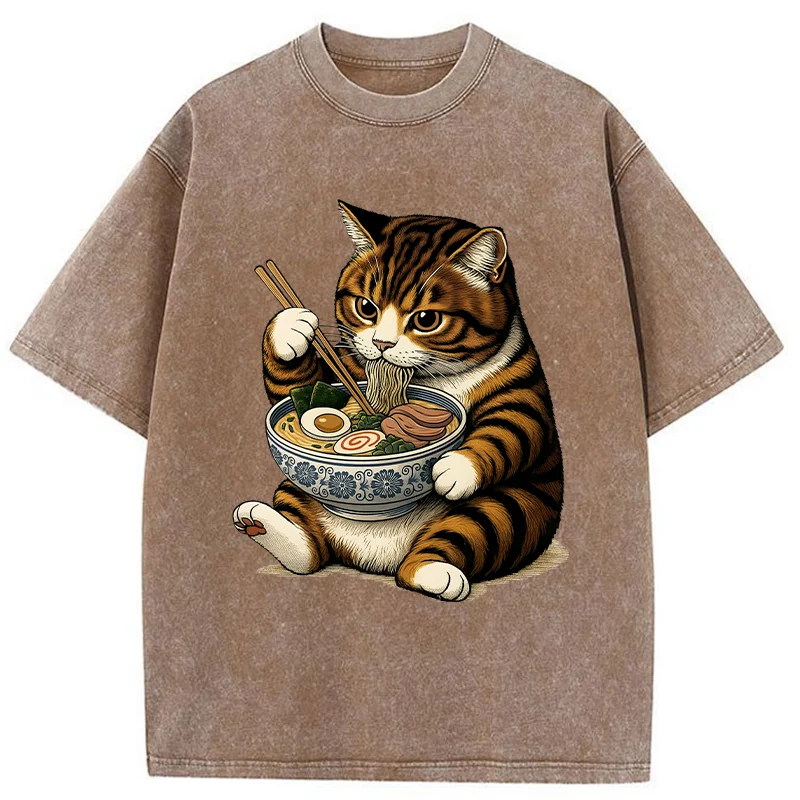 Tokyo-Tiger Tabby Cat Eats Ramen Washed T-Shirt