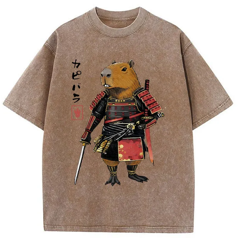 Tokyo-Tiger Capybara Samurai Wearing Armor Washed T-Shirt