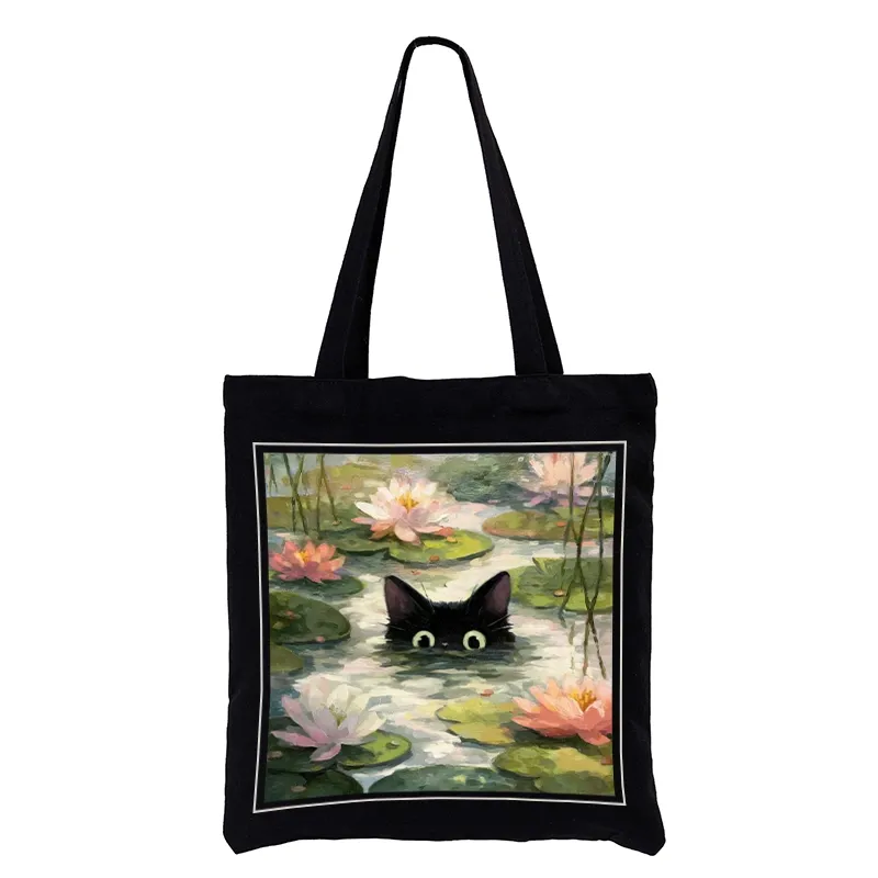 Tokyo-Tiger Black Cat and Lotus Flower Tote Bag
