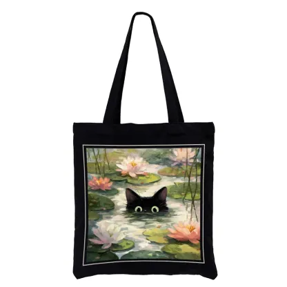 Tokyo-Tiger Black Cat and Lotus Flower Tote Bag