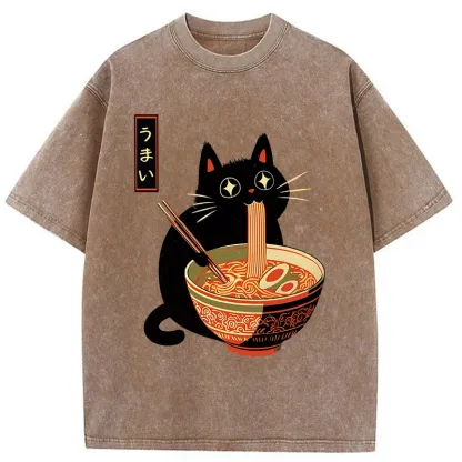 Tokyo-Tiger Cat Eats Super Delicious Ramen Washed T-Shirt