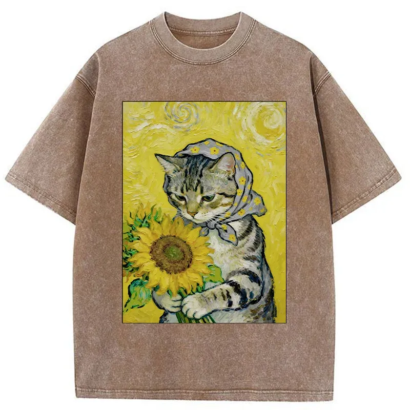 Tokyo-Tiger Cat Is Picking Sunflowers Washed T-Shirt