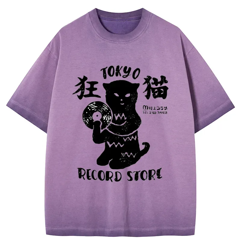 Tokyo-Tiger Tokyo Record Store Cat CD Gradient Washed T-Shirt
