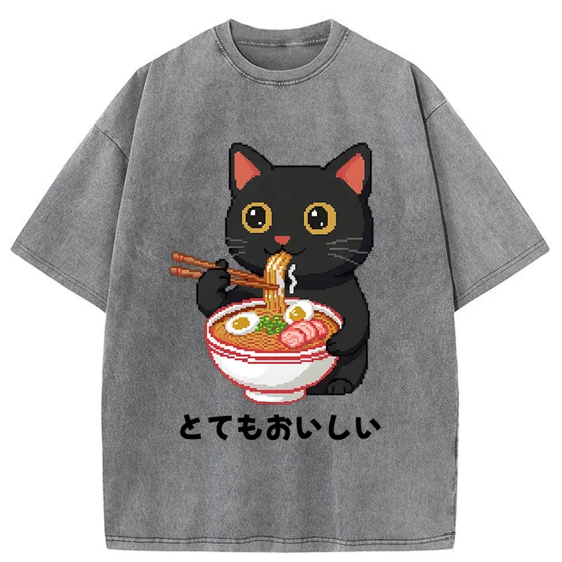 Tokyo-Tiger Black Cat Eats Ramen Pixel Art Style Washed T-Shirt