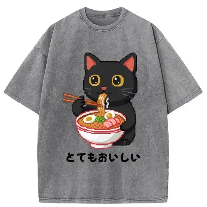 Tokyo-Tiger Black Cat Eats Ramen Pixel Art Style Washed T-Shirt