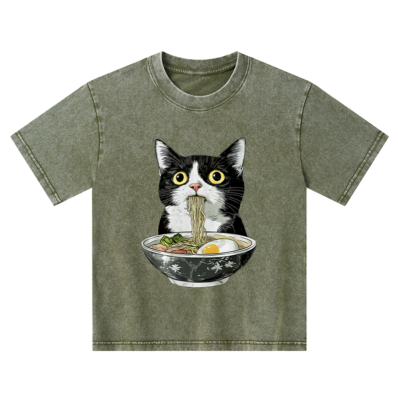 Tokyo-Tiger Cute Cat Eating Japan Ramen Kids Washed T-Shirt