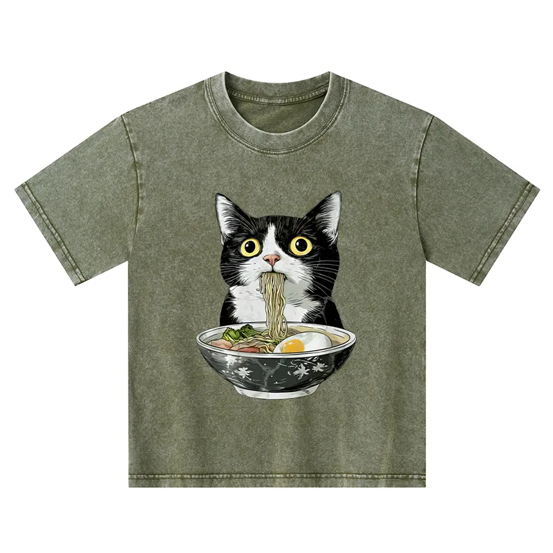 Tokyo-Tiger Cute Cat Eating Japan Ramen Kids Washed T-Shirt