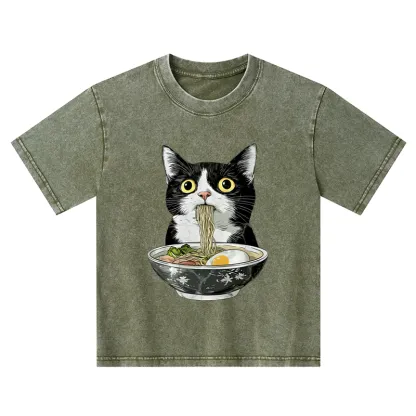 Tokyo-Tiger Cute Cat Eating Japan Ramen Kids Washed T-Shirt