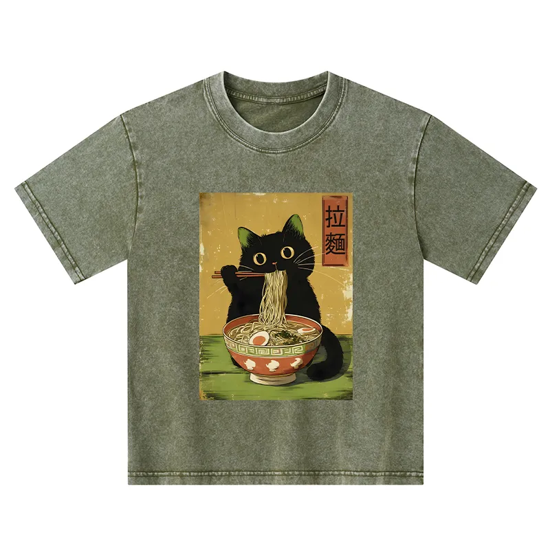 Tokyo-Tiger Vintage Japanese Cat Eating Ramen Kids Washed T-Shirt