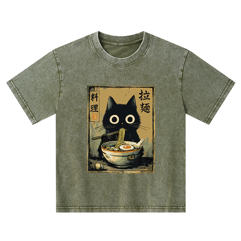 Tokyo-Tiger Cute Black Cat Eating Ramen Japan Kids Washed T-Shirt