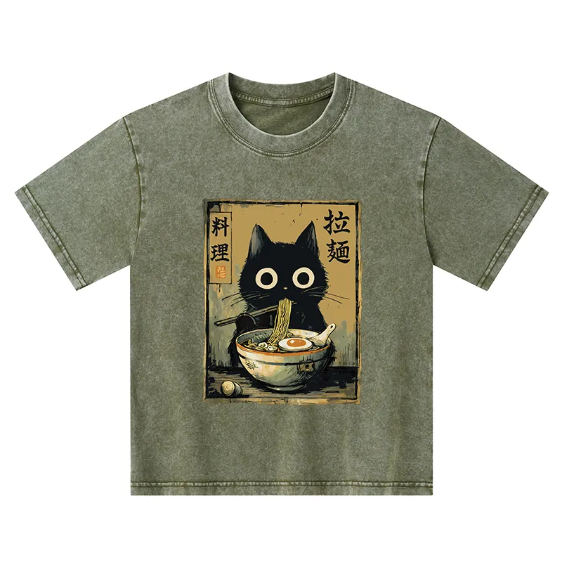 Tokyo-Tiger Cute Black Cat Eating Ramen Japan Kids Washed T-Shirt
