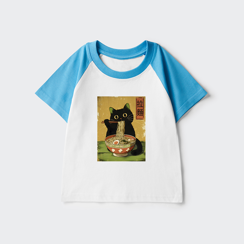 Tokyo-Tiger Vintage Japanese Cat Eating Ramen Kids Raglan T-shirt