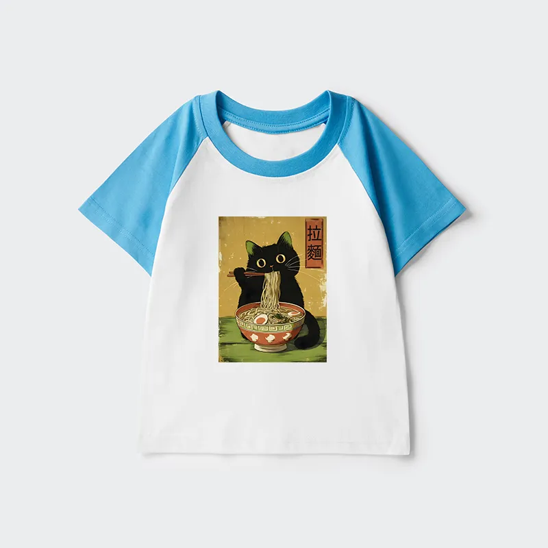 Tokyo-Tiger Vintage Japanese Cat Eating Ramen Kids Raglan T-shirt