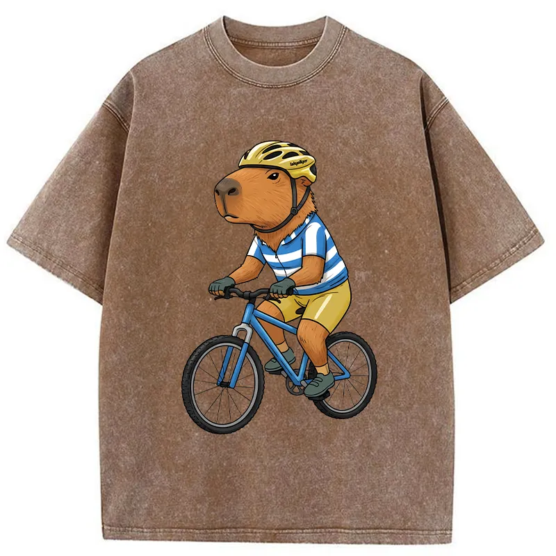 Tokyo-Tiger Capybara Riding A Bicycle Washed T-Shirt