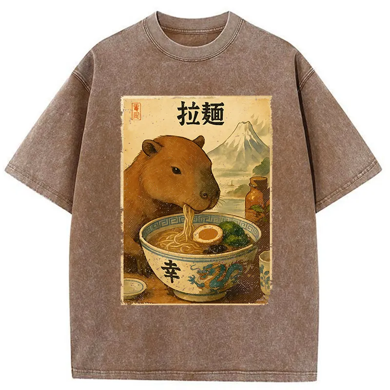 Tokyo-Tiger Capybara Eating Japan Ramen Washed T-Shirt