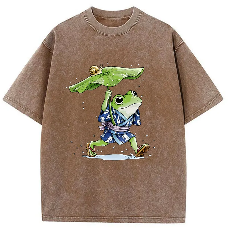 Tokyo-Tiger Frog Seeking Shelter From The Rain Washed T-Shirt Sale