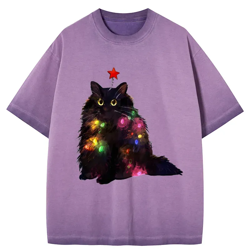 Tokyo-Tiger Christmas Lights Cat Gradient Washed T-Shirt