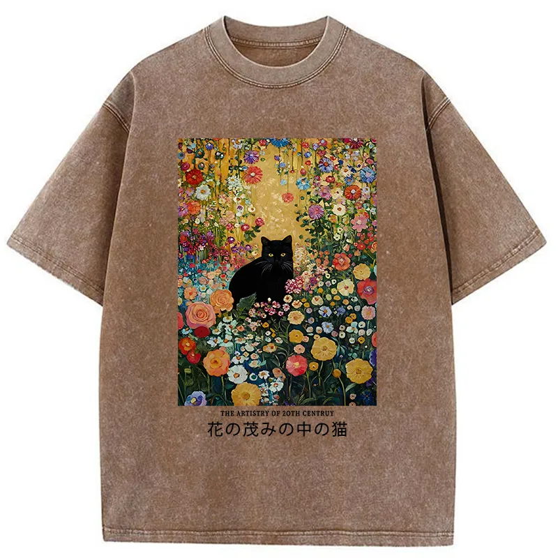 Tokyo-Tiger Black Cat In The Flower Bushes Washed T-Shirt Sale