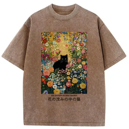 Tokyo-Tiger Black Cat In The Flower Bushes Washed T-Shirt