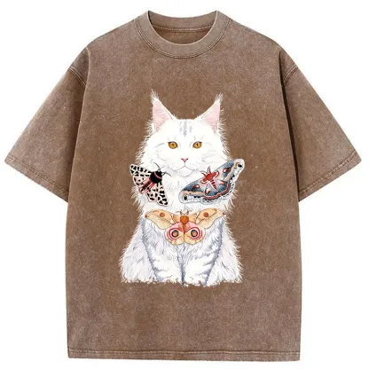 Tokyo-Tiger Elegant White Cat Washed T-Shirt