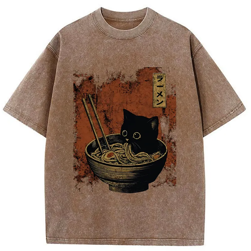 Tokyo-Tiger Retro Cat Eating Japan Ramen Washed T-Shirt
