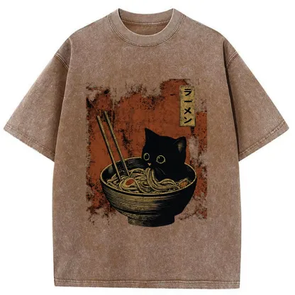 Tokyo-Tiger Retro Cat Eating Japan Ramen Washed T-Shirt