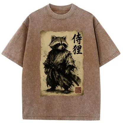 Tokyo-Tiger Retro Raccoon Samurai Washed T-Shirt