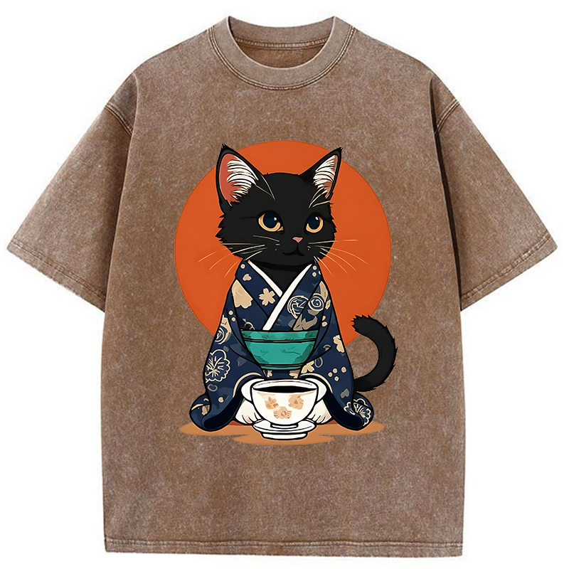 Tokyo-Tiger A Black Cat Wearing A Kimono Washed T-Shirt
