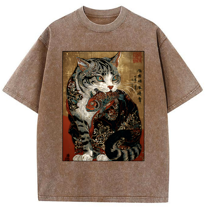 Tokyo-Tiger Gorgeous Cat Eats Fish Washed T-Shirt