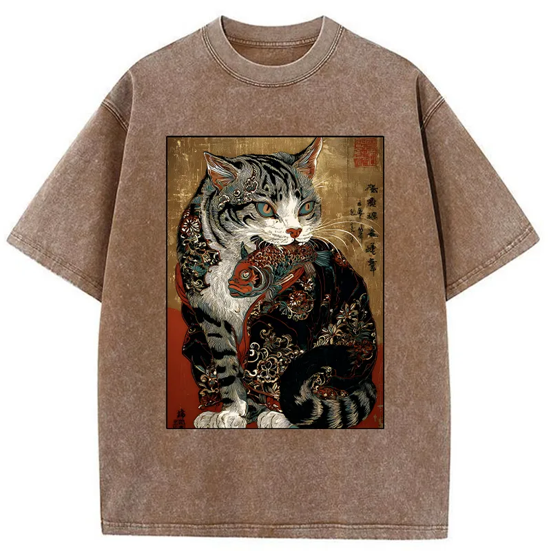 Tokyo-Tiger Gorgeous Cat Eats Fish Washed T-Shirt