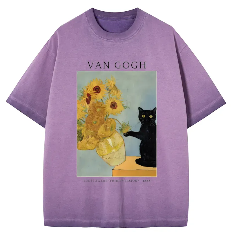 Tokyo-Tiger Black Cat With Sunflowers Gradient Washed T-Shirt
