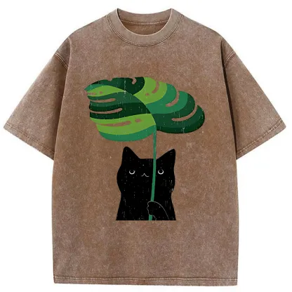 Tokyo-Tiger Monstera Deliciosa And Cat Washed T-Shirt