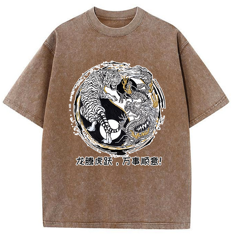 Tokyo-Tiger Dragon And Tiger Battle Washed T-Shirt