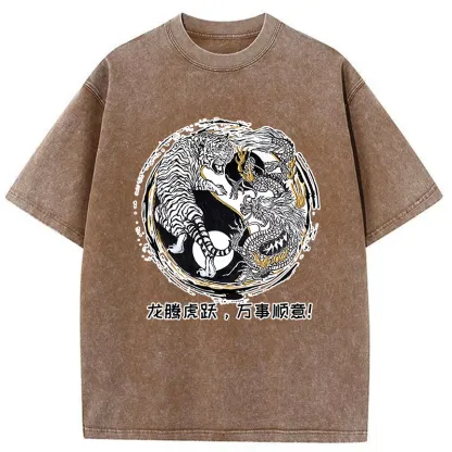 Tokyo-Tiger Dragon And Tiger Battle Washed T-Shirt