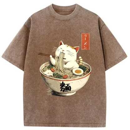 Tokyo-Tiger White Cat Eating Ramen Washed T-Shirt