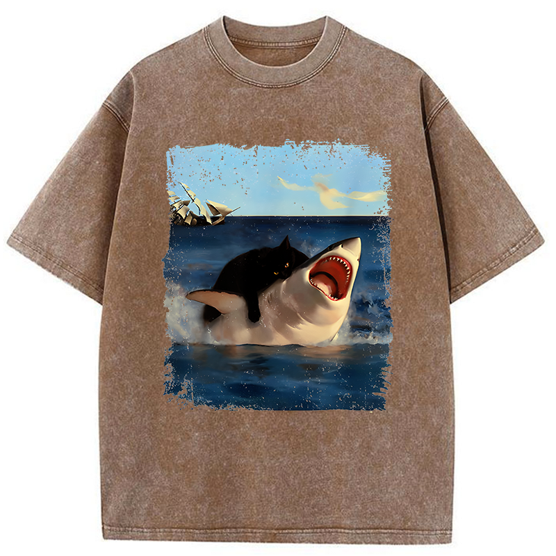 Tokyo-Tiger Cat Bites Shark Washed T-Shirt