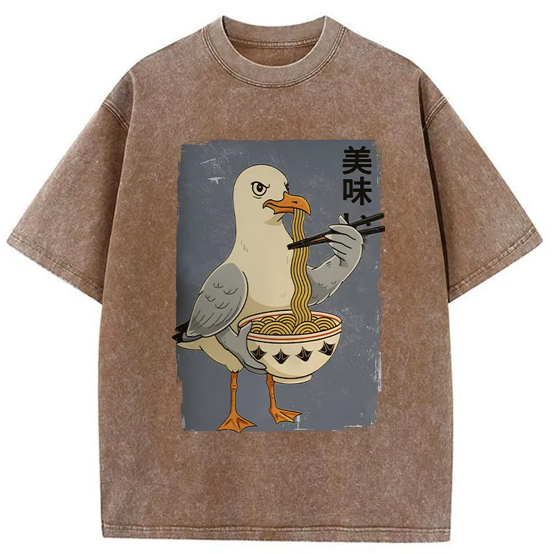 Tokyo-Tiger Pigeons Eating Ramen Washed T-Shirt