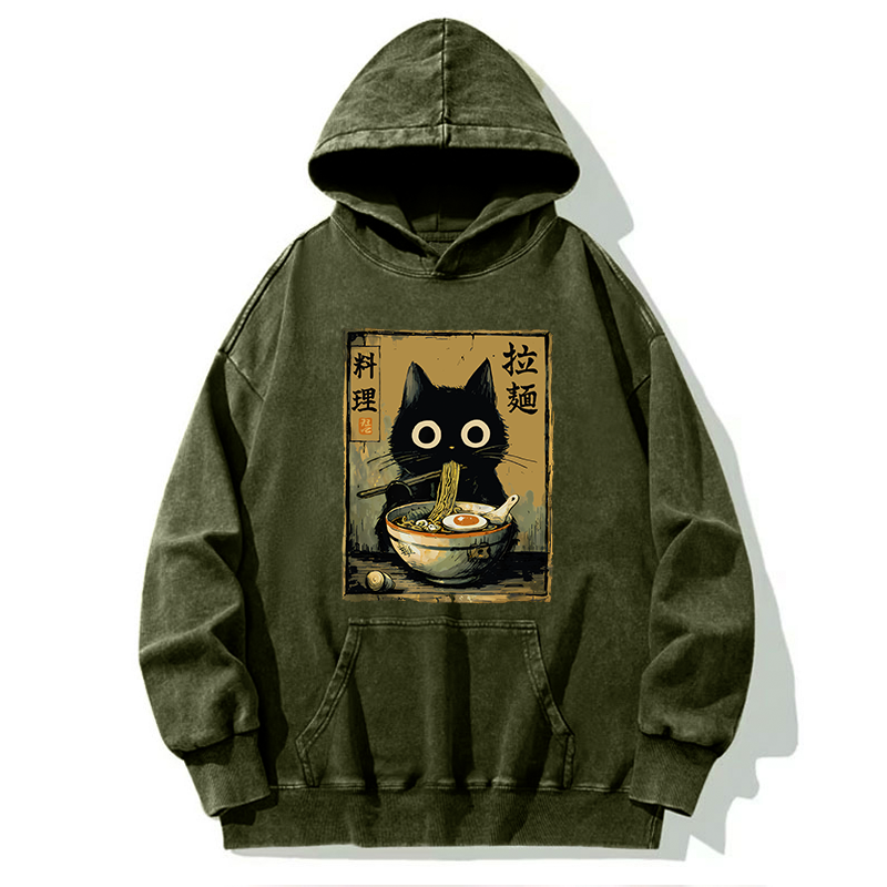 Tokyo-Tiger Cute Black Cat Eating Ramen Japan Washed Hoodie