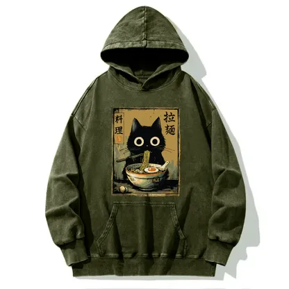 Tokyo-Tiger Cute Black Cat Eating Ramen Japan Washed Hoodie