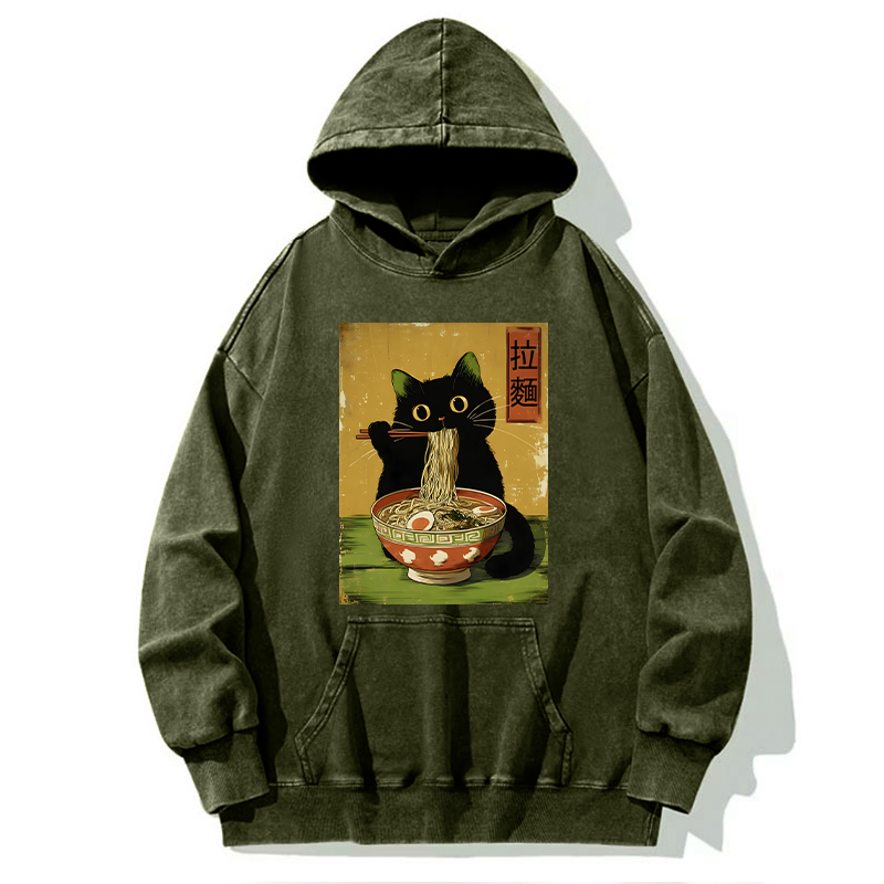 Tokyo-Tiger Vintage Japanese Cat Eating Ramen Washed Hoodie