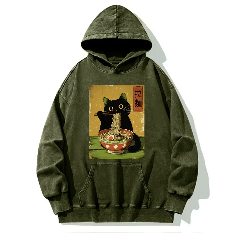 Tokyo-Tiger Vintage Japanese Cat Eating Ramen Washed Hoodie