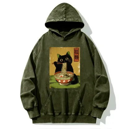 Tokyo-Tiger Vintage Japanese Cat Eating Ramen Washed Hoodie
